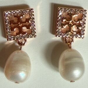 Tory Burch Rose Gold square pave crystal and Pearl Drop Earrings